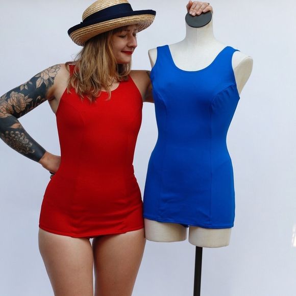 Vintage 60s 70s Retro One Piece Stretch Nylon Swimsuit Pin Up Mod Playsuit - Picture 4 of 9